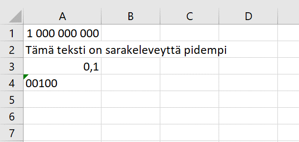 Mallissa on luku '1 000 000 000', leveää tekstiä, luku '0,1' ja luku '00100'