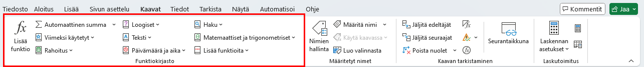 Valintanauhan kuvakkeissa näkyy teksti