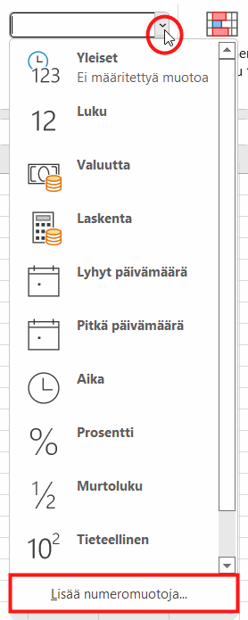 Numero-ryhmän ylhäällä olevaa väkästä napsauttamalla saadaan auki pudotusvalikko