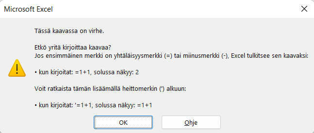 Kuvassa soluun on syötetty '-Tekstiä, jonka edessä on viiva'
