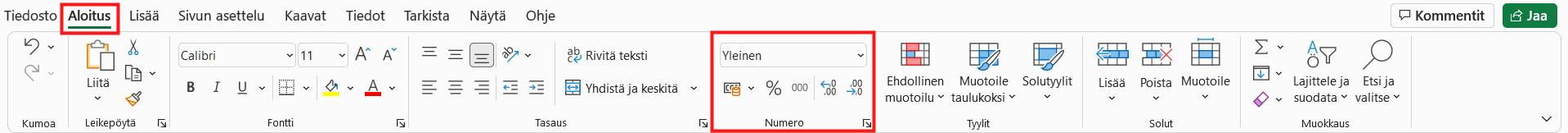 Lukumuotoilut sijaitsevat Aloitus-välilehden Numero-ryhmässä ylhäällä