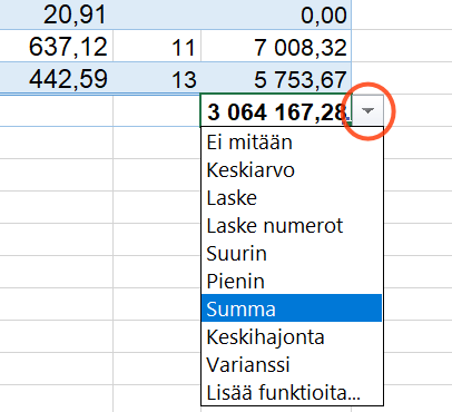 Käyttäjä on napsauttanut kaavasolua, ja sen jälkeen sen viereen auennutta pientä kolmiota, josta on auennut pudotusvalikko