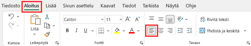 Tasaa vasemmalle-painike on Tasaus-ryhmän vasemmassa alakulmassa